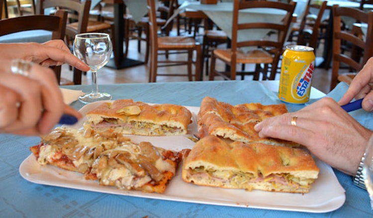 Schiacciata with mushrooms at the Bar Consumo on the road to the Casentino valley