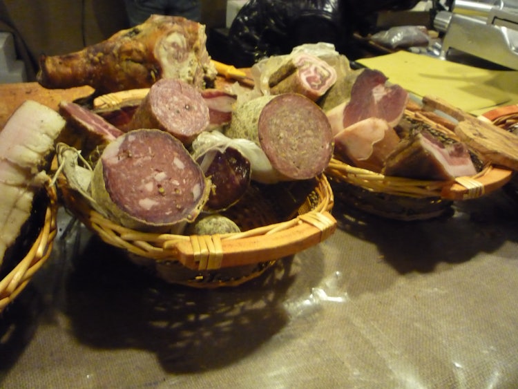 Local cold cuts, salami, sausages and more to eat at the Christmas Market in Siena